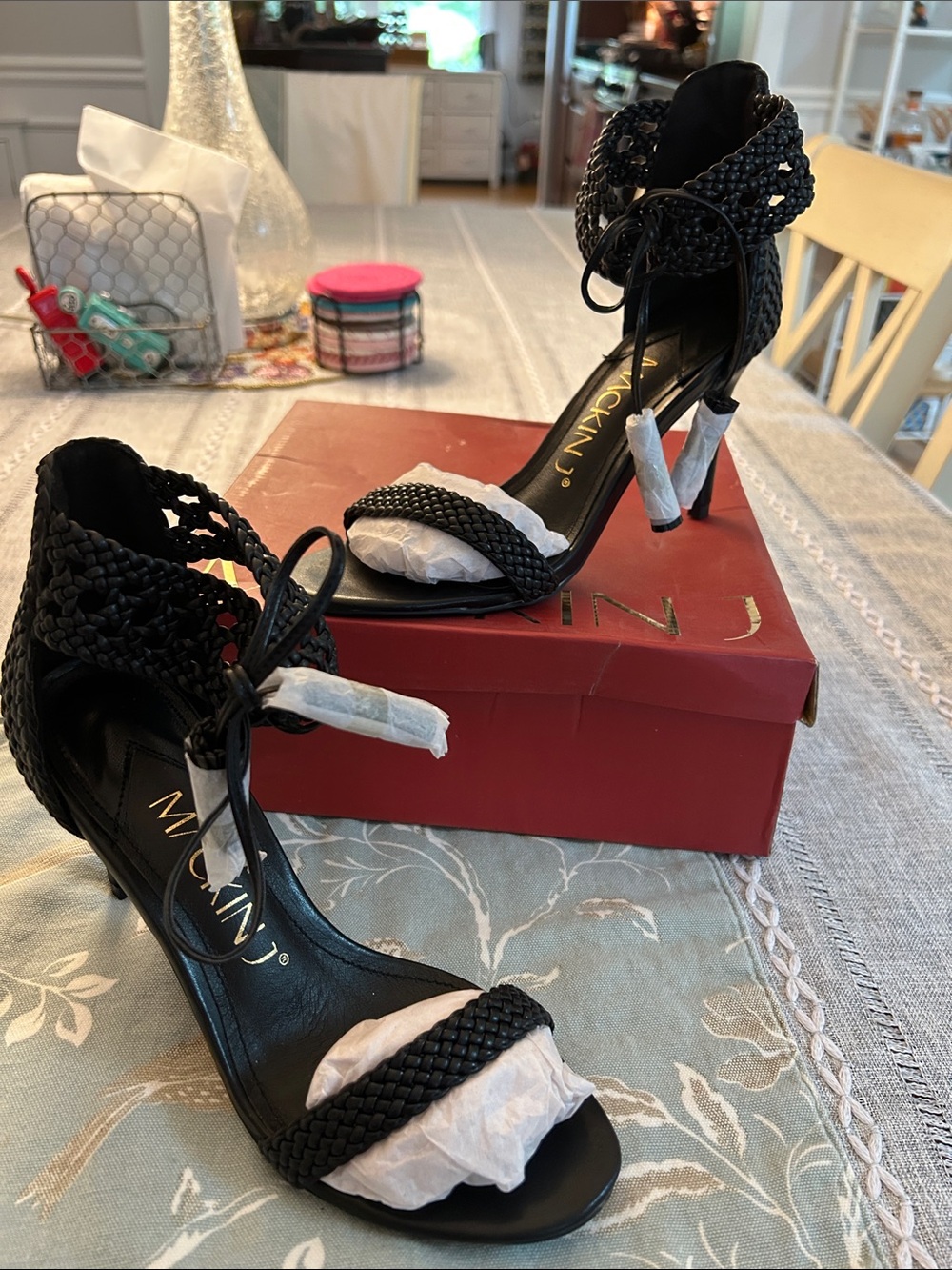 Black Braided Ankle-Strap Heels